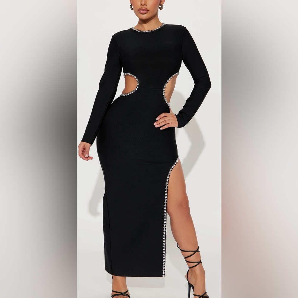Fashion Nova Black Long Sleeve Dress with Silver Detailing